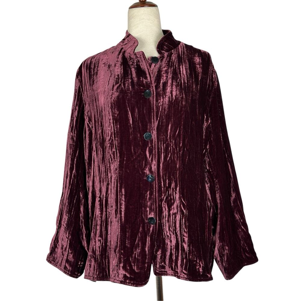 Chicos Jacket Size 3 US XL Burgundy Crushed Velvet Rayon Silk Dark Romantic Boho